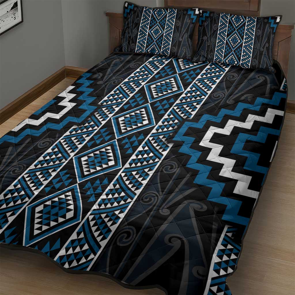Azure Tukutuku Pattern Aotearoa Quilt Bed Set Niho Taniwha and Puhoro Motifs