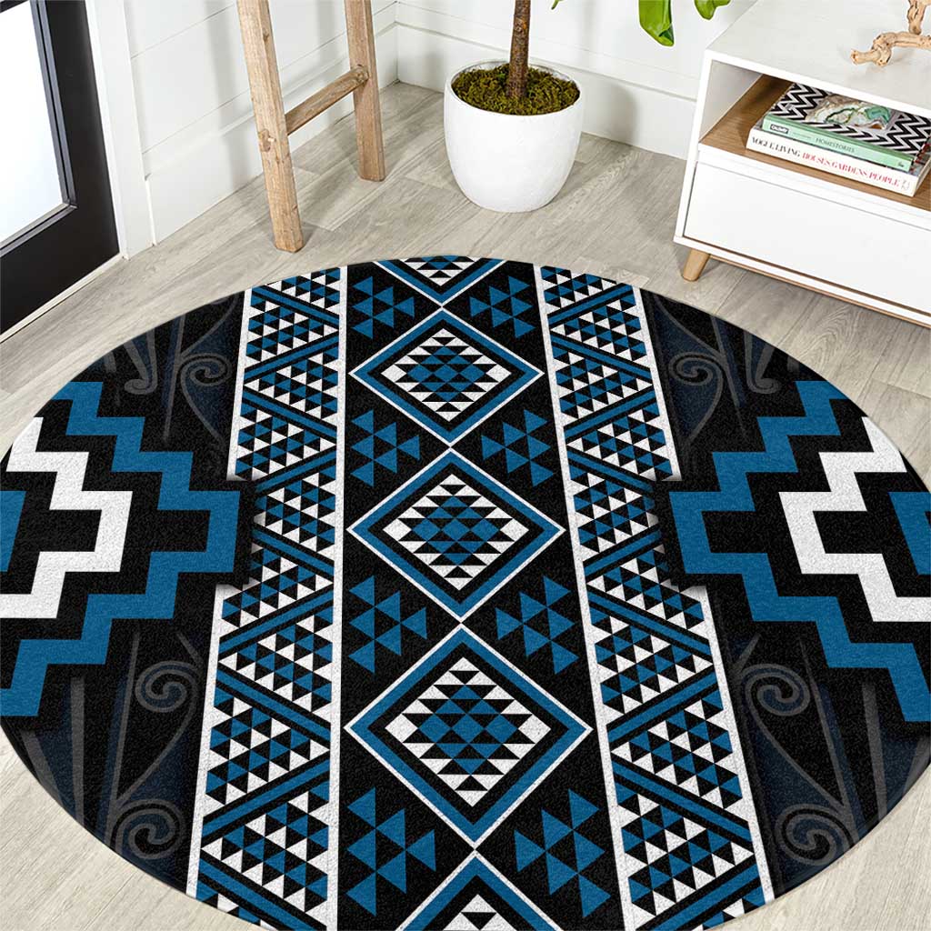 Azure Tukutuku Pattern Aotearoa Round Carpet Niho Taniwha and Puhoro Motifs
