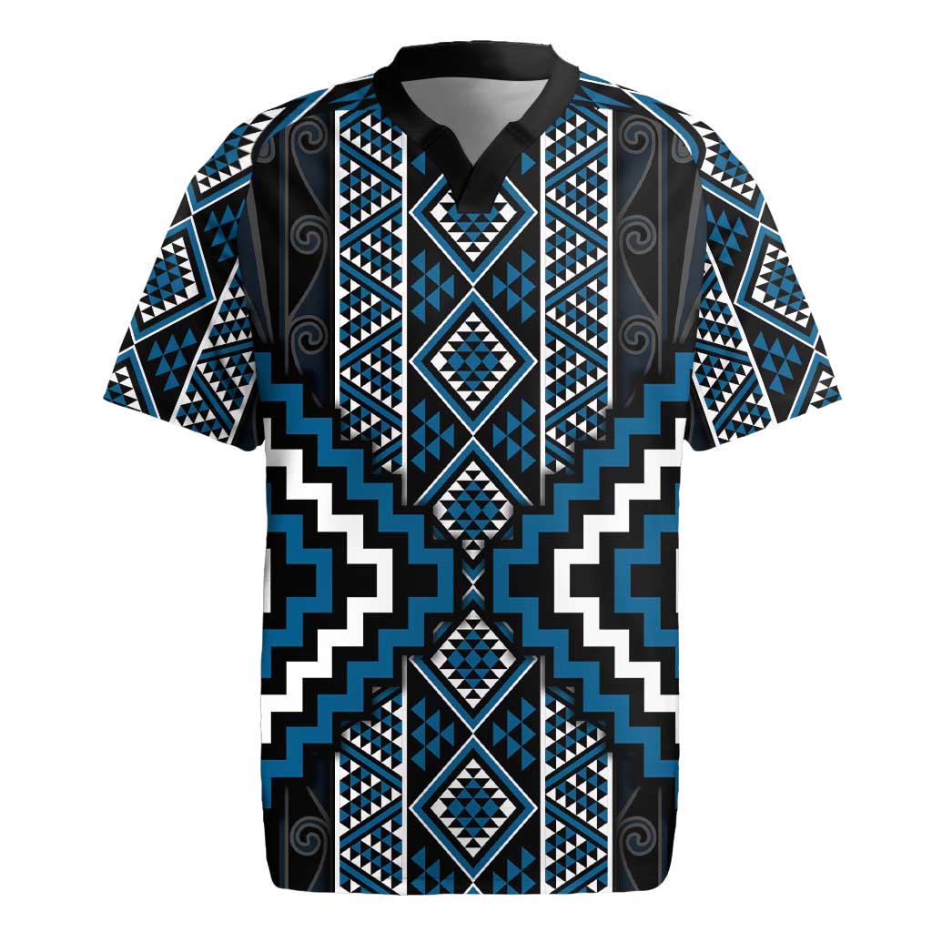 Azure Tukutuku Pattern Aotearoa Rugby Jersey Niho Taniwha and Puhoro Motifs LT7 Blue - Polynesian Pride