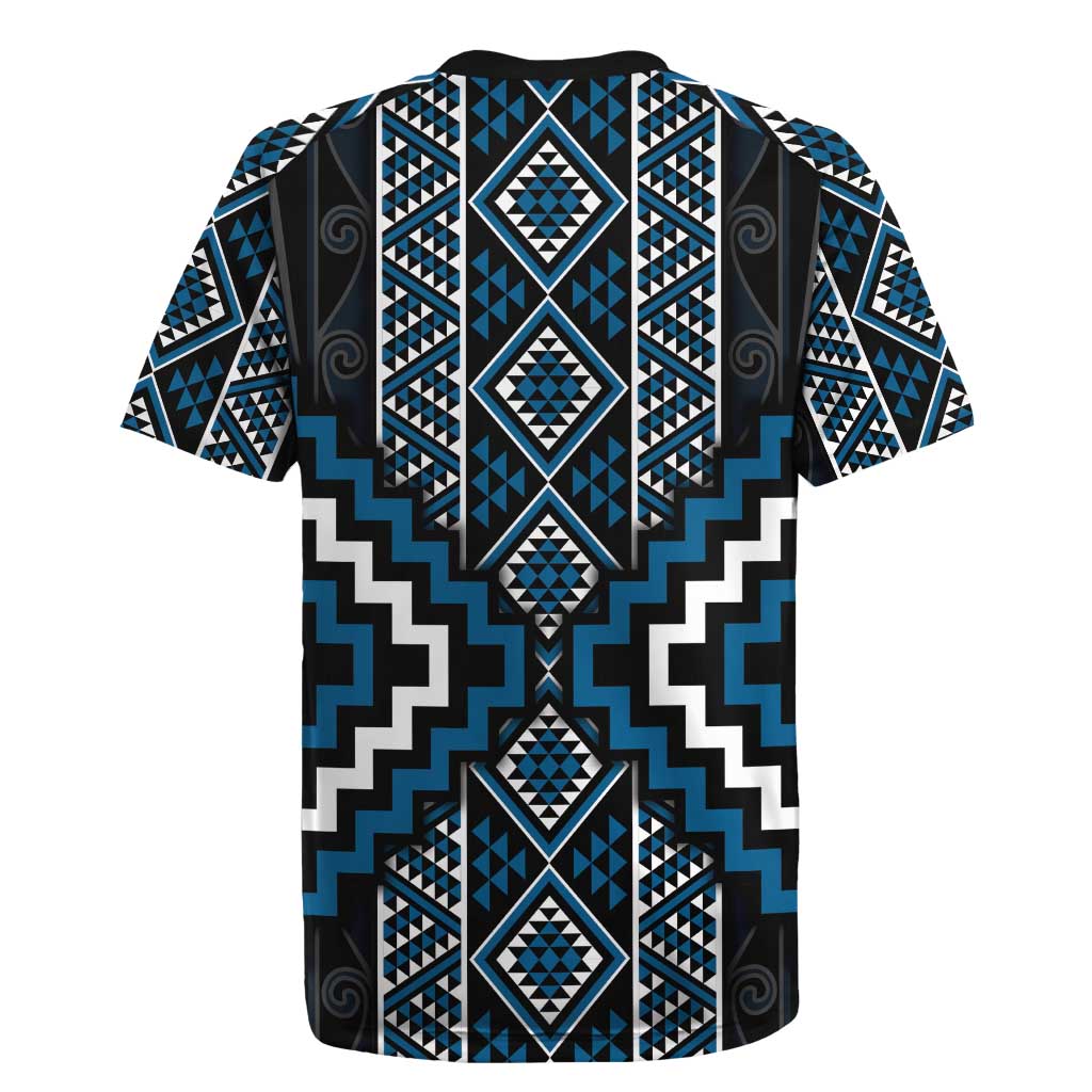 Azure Tukutuku Pattern Aotearoa Rugby Jersey Niho Taniwha and Puhoro Motifs LT7 - Polynesian Pride