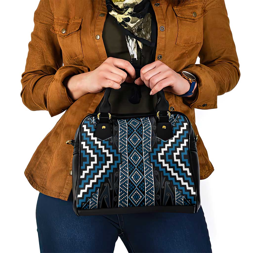 Azure Tukutuku Pattern Aotearoa Shoulder Handbag Niho Taniwha and Puhoro Motifs