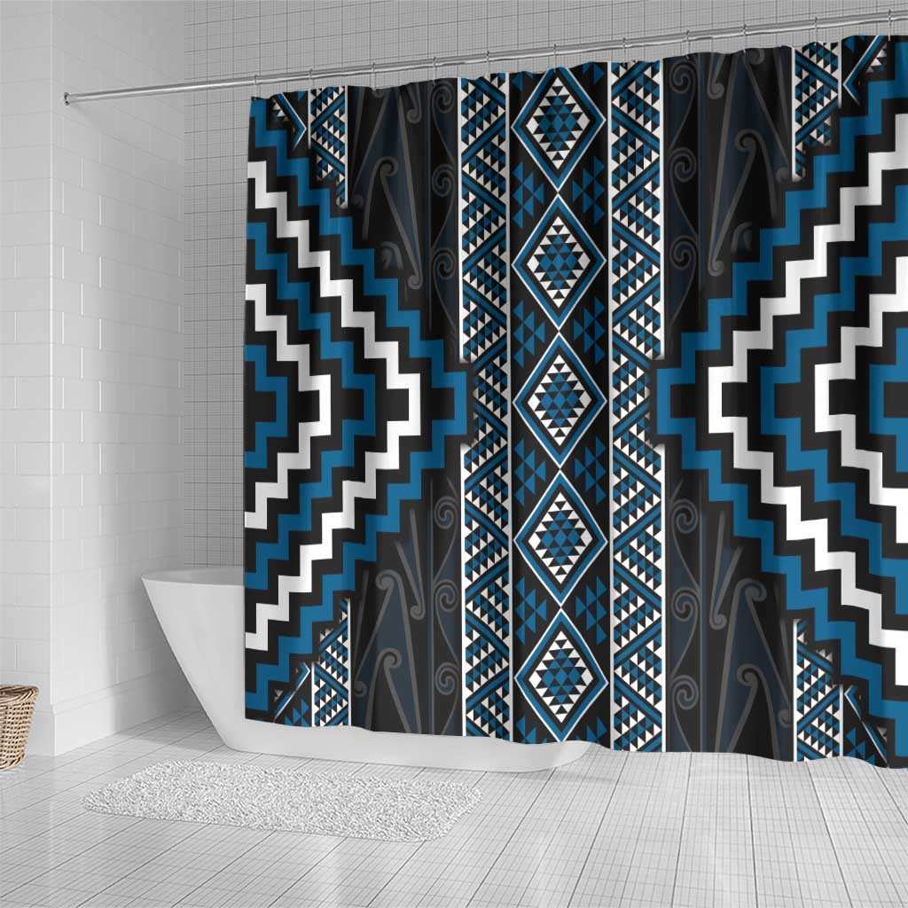 Azure Tukutuku Pattern Aotearoa Shower Curtain Niho Taniwha and Puhoro Motifs