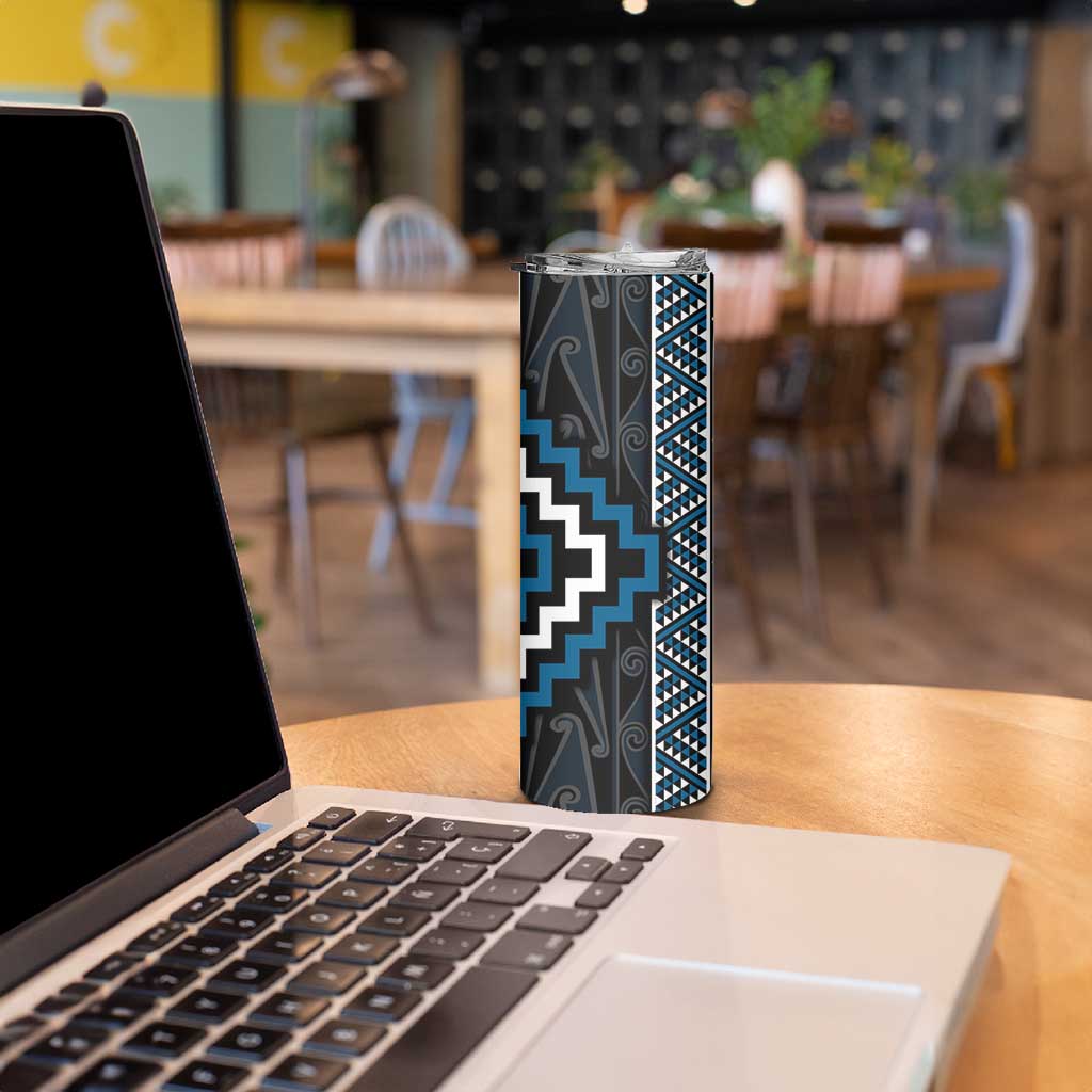 Azure Tukutuku Pattern Aotearoa Skinny Tumbler Niho Taniwha and Puhoro Motifs