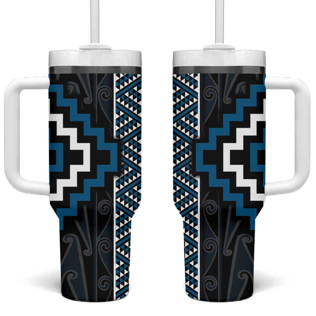 Azure Tukutuku Pattern Aotearoa Tumbler With Handle Niho Taniwha and Puhoro Motifs