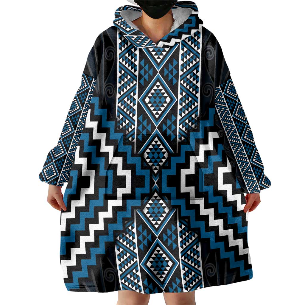 Azure Tukutuku Pattern Aotearoa Wearable Blanket Hoodie Niho Taniwha and Puhoro Motifs