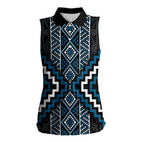 Azure Tukutuku Pattern Aotearoa Women Sleeveless Polo Shirt Niho Taniwha and Puhoro Motifs LT7 Female Blue - Polynesian Pride