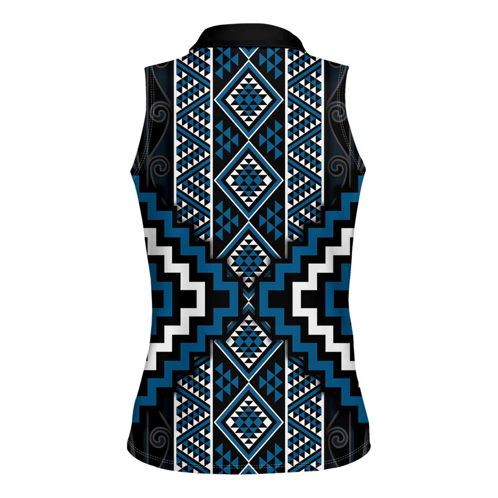 Azure Tukutuku Pattern Aotearoa Women Sleeveless Polo Shirt Niho Taniwha and Puhoro Motifs LT7 - Polynesian Pride