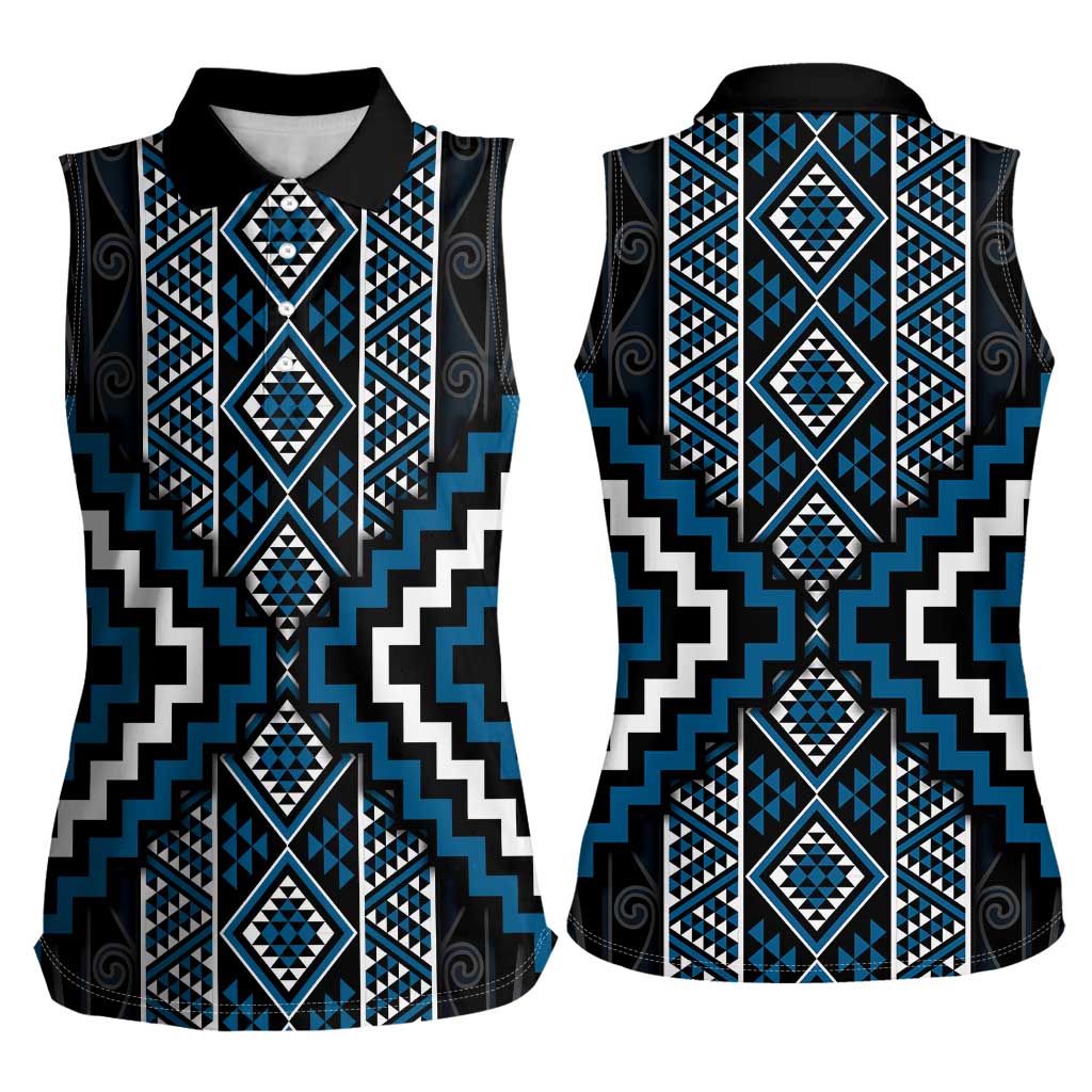 Azure Tukutuku Pattern Aotearoa Women Sleeveless Polo Shirt Niho Taniwha and Puhoro Motifs LT7 - Polynesian Pride