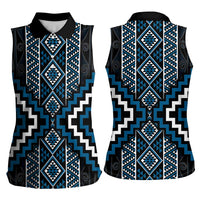Azure Tukutuku Pattern Aotearoa Women Sleeveless Polo Shirt Niho Taniwha and Puhoro Motifs LT7 - Polynesian Pride
