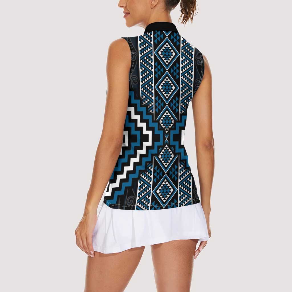 Azure Tukutuku Pattern Aotearoa Women Sleeveless Polo Shirt Niho Taniwha and Puhoro Motifs LT7 - Polynesian Pride