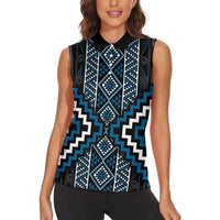 Azure Tukutuku Pattern Aotearoa Women Sleeveless Polo Shirt Niho Taniwha and Puhoro Motifs LT7 - Polynesian Pride
