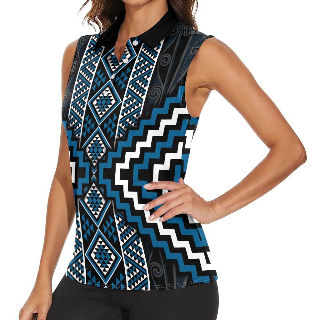 Azure Tukutuku Pattern Aotearoa Women Sleeveless Polo Shirt Niho Taniwha and Puhoro Motifs LT7 - Polynesian Pride