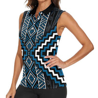 Azure Tukutuku Pattern Aotearoa Women Sleeveless Polo Shirt Niho Taniwha and Puhoro Motifs LT7 - Polynesian Pride