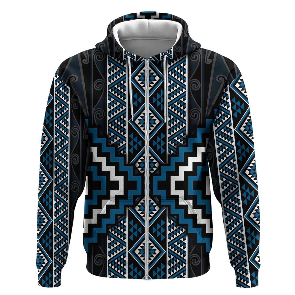 Azure Tukutuku Pattern Aotearoa Zip Hoodie Niho Taniwha and Puhoro Motifs