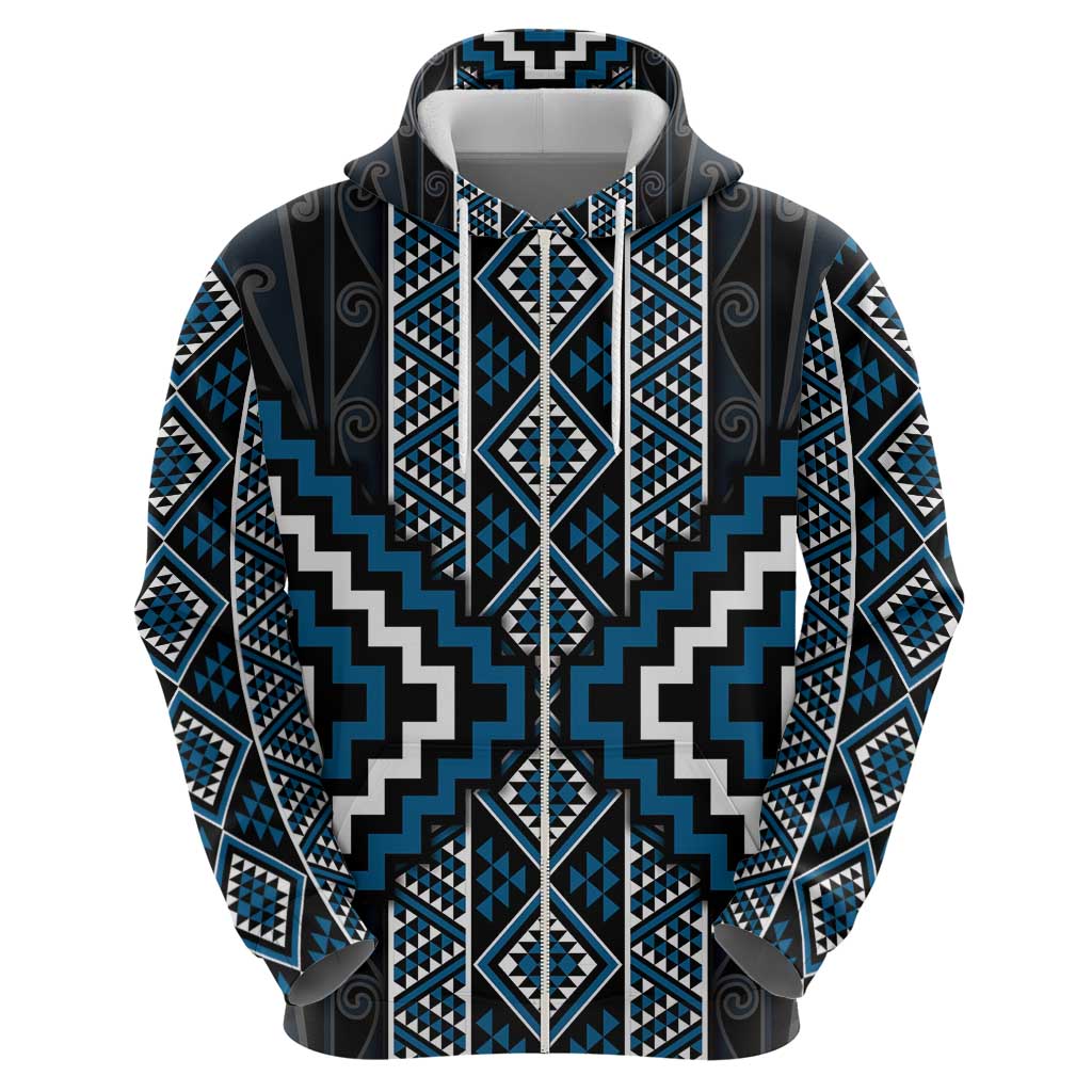 Azure Tukutuku Pattern Aotearoa Zip Hoodie Niho Taniwha and Puhoro Motifs