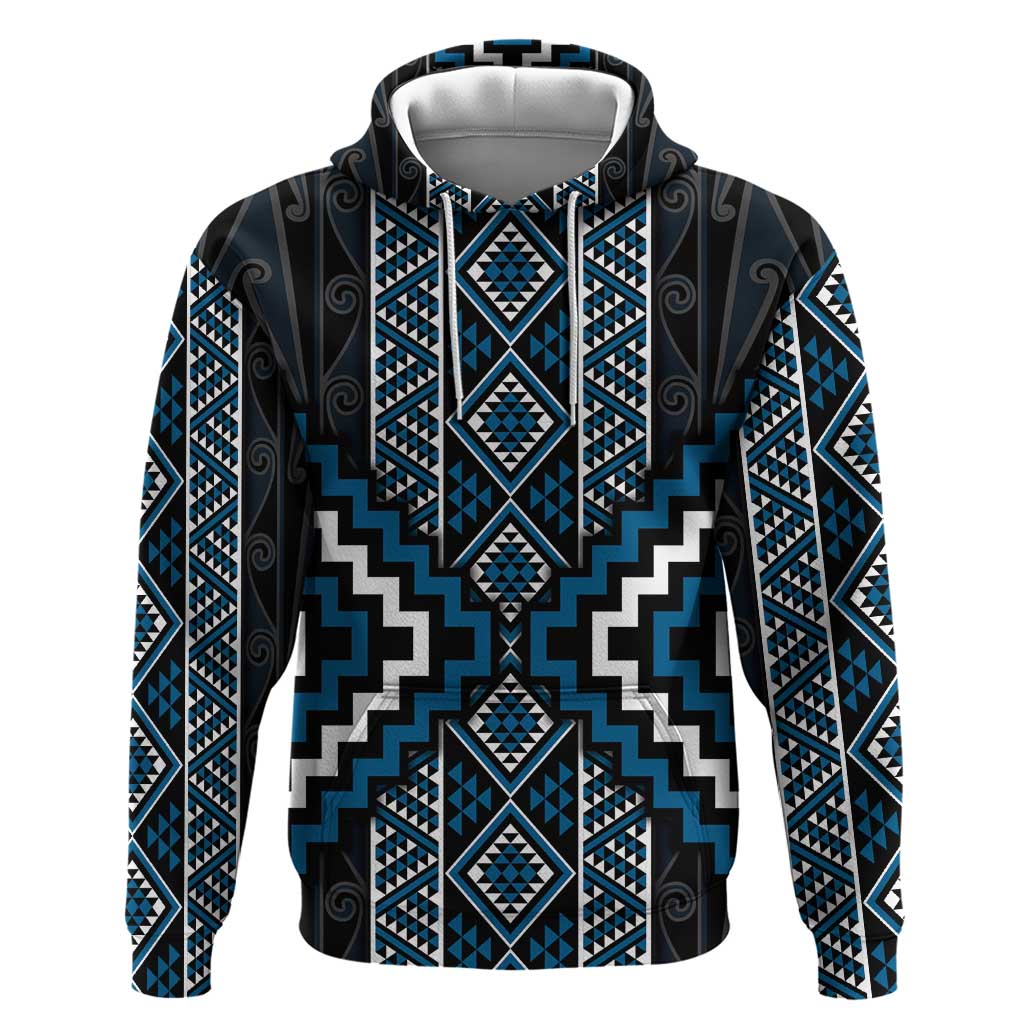 Azure Tukutuku Pattern Aotearoa Zip Hoodie Niho Taniwha and Puhoro Motifs