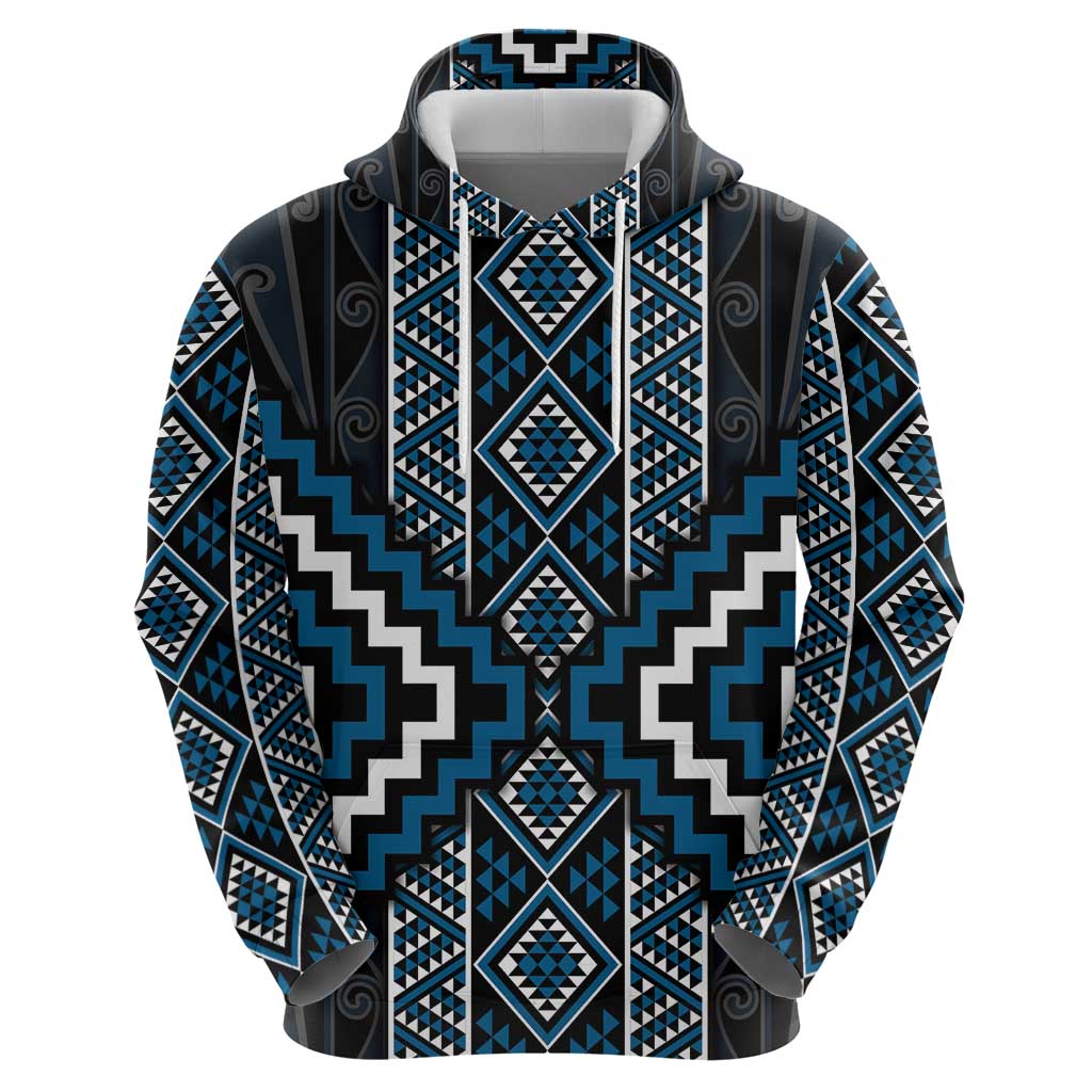 Azure Tukutuku Pattern Aotearoa Zip Hoodie Niho Taniwha and Puhoro Motifs