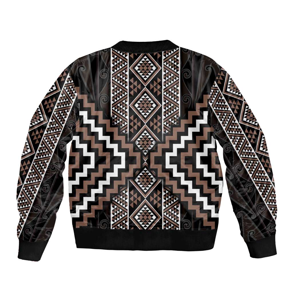 Classic Tukutuku Pattern Aotearoa Bomber Jacket Niho Taniwha and Puhoro Motifs