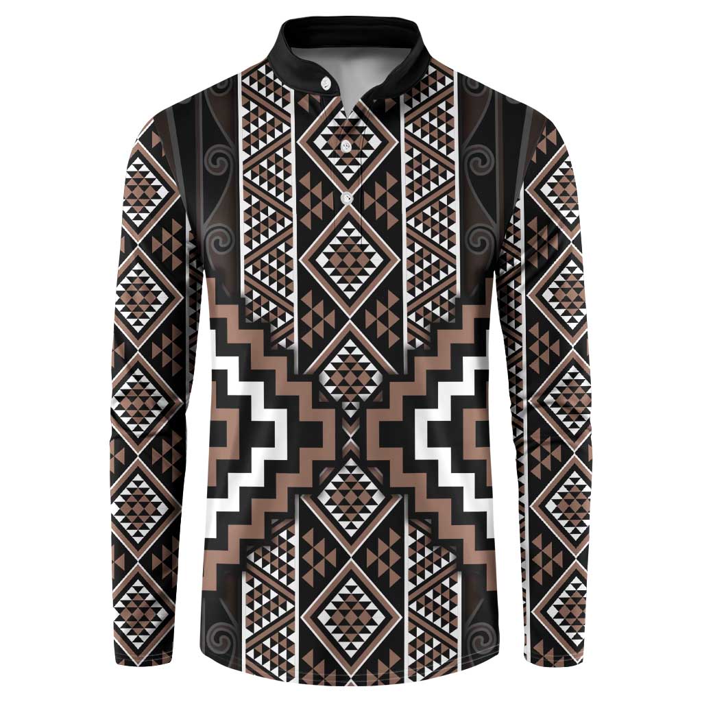 Classic Tukutuku Pattern Aotearoa Button Sweatshirt Niho Taniwha and Puhoro Motifs LT7 Brown - Polynesian Pride