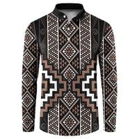 Classic Tukutuku Pattern Aotearoa Button Sweatshirt Niho Taniwha and Puhoro Motifs LT7 Brown - Polynesian Pride