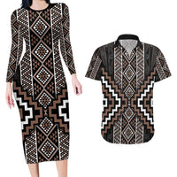 Classic Tukutuku Pattern Aotearoa Couples Matching Long Sleeve Bodycon Dress and Hawaiian Shirt Niho Taniwha and Puhoro Motifs LT7 Brown - Polynesian Pride