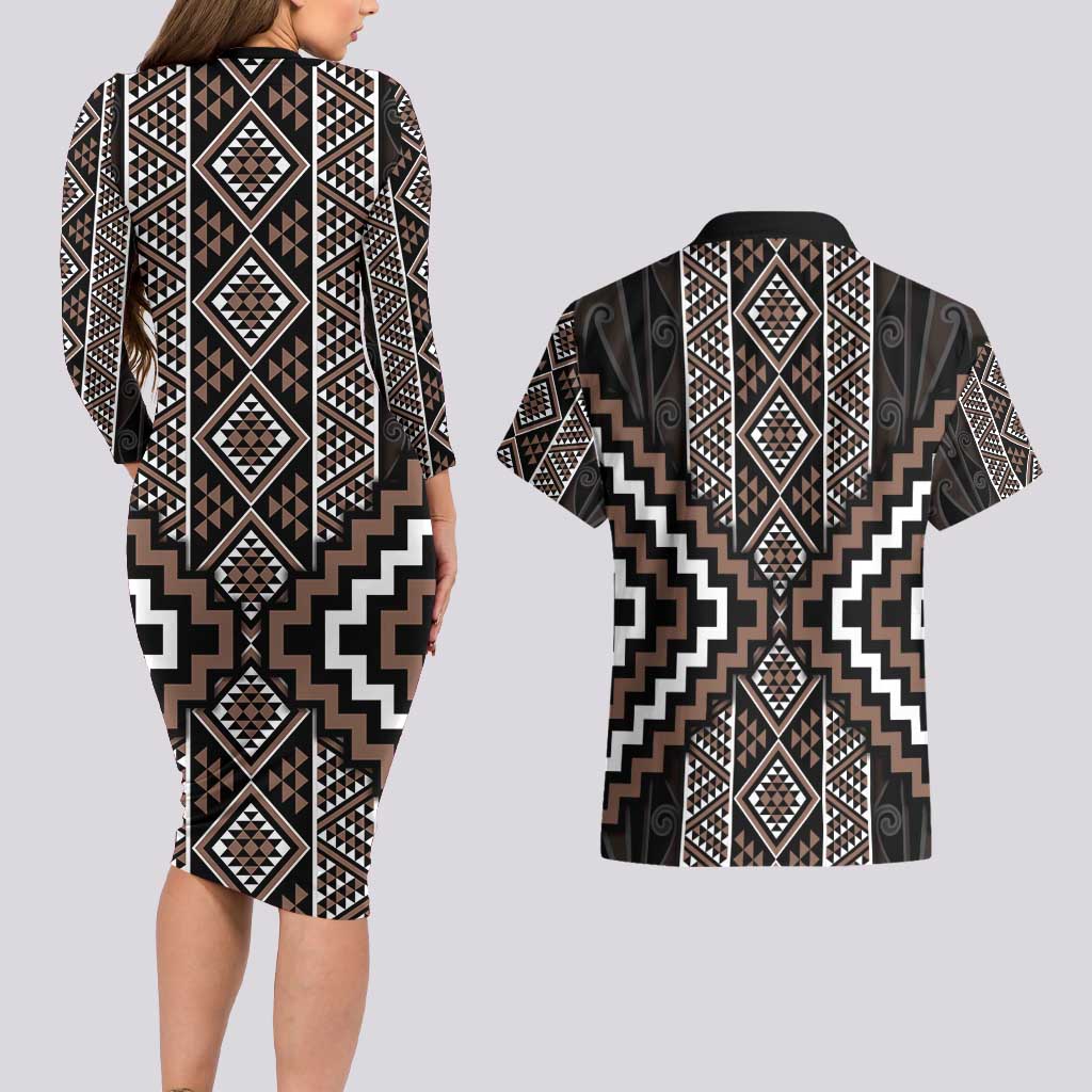 Classic Tukutuku Pattern Aotearoa Couples Matching Long Sleeve Bodycon Dress and Hawaiian Shirt Niho Taniwha and Puhoro Motifs LT7 - Polynesian Pride