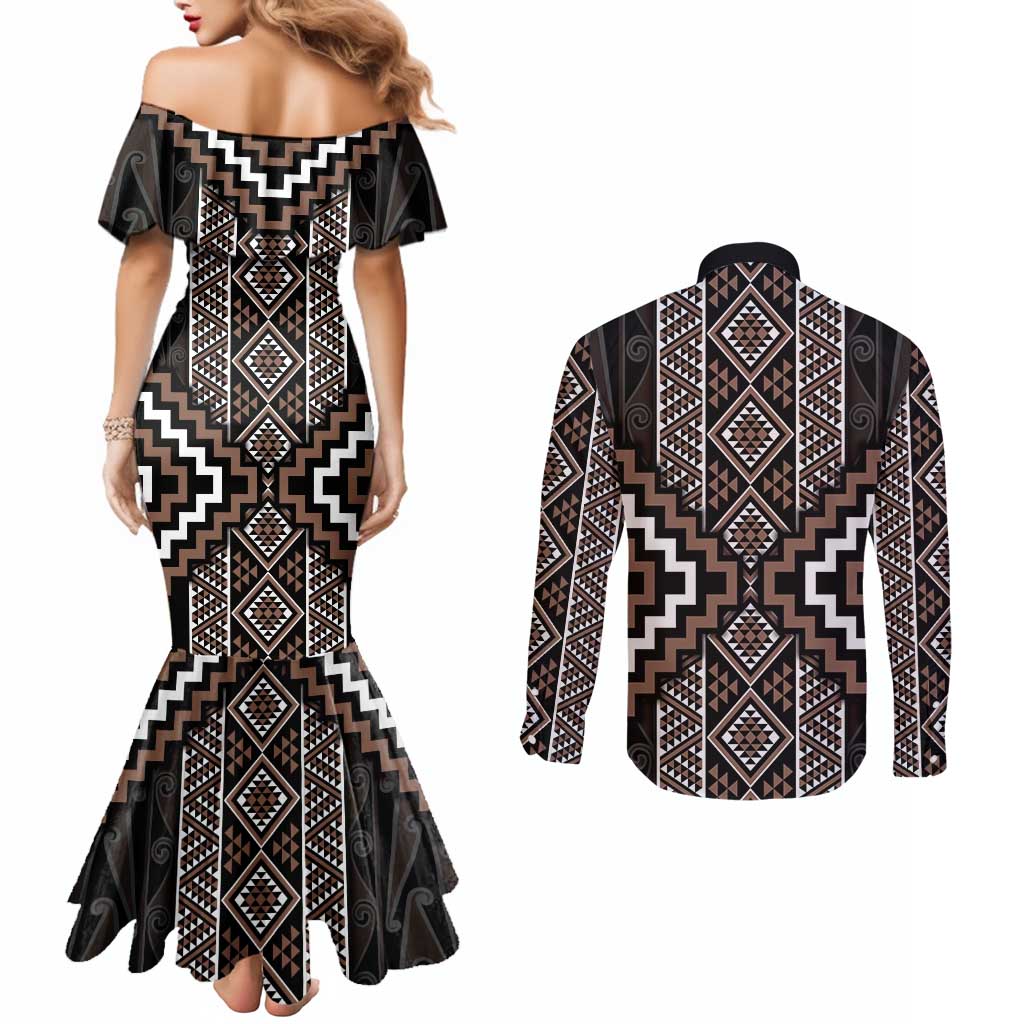 Classic Tukutuku Pattern Aotearoa Couples Matching Mermaid Dress and Long Sleeve Button Shirt Niho Taniwha and Puhoro Motifs LT7 - Polynesian Pride
