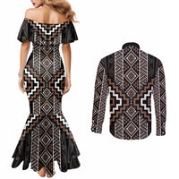 Classic Tukutuku Pattern Aotearoa Couples Matching Mermaid Dress and Long Sleeve Button Shirt Niho Taniwha and Puhoro Motifs LT7 - Polynesian Pride