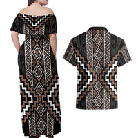 Classic Tukutuku Pattern Aotearoa Couples Matching Off Shoulder Maxi Dress and Hawaiian Shirt Niho Taniwha and Puhoro Motifs LT7 - Polynesian Pride