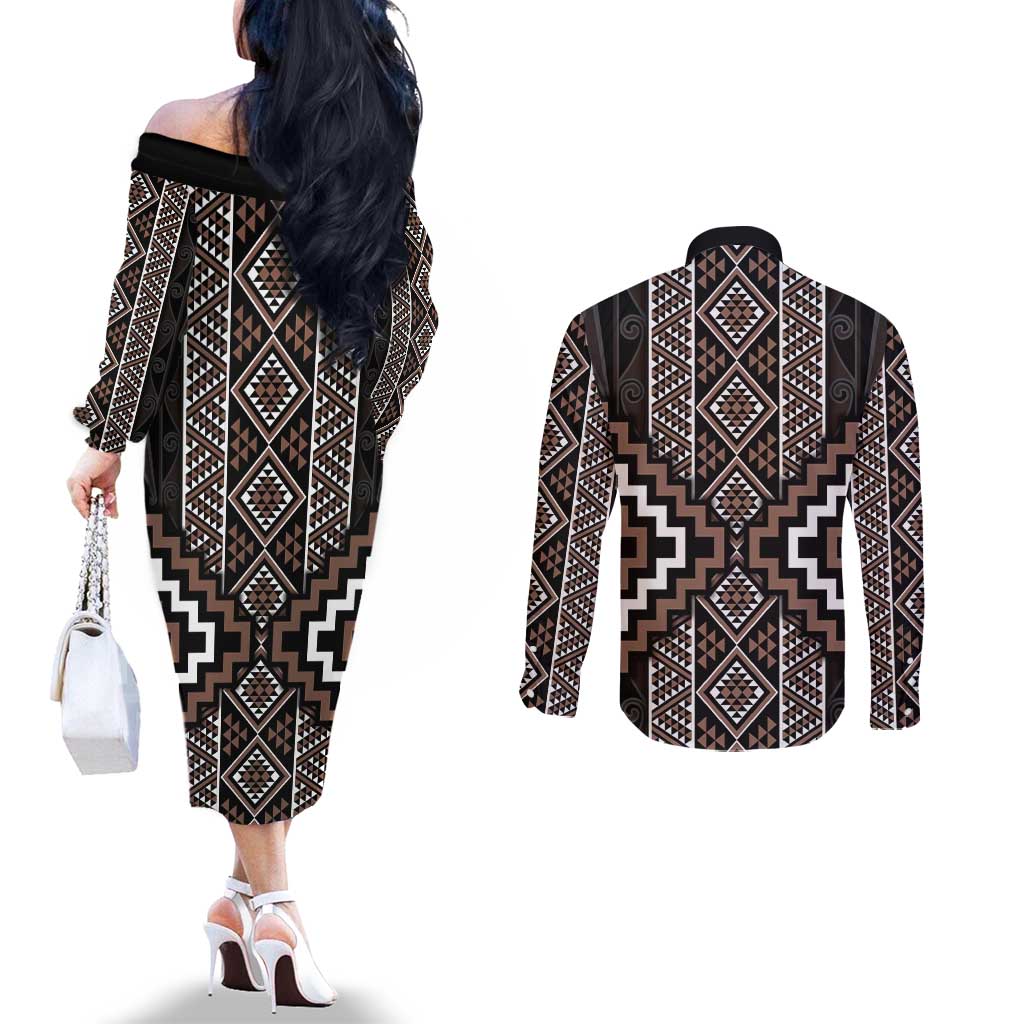 Classic Tukutuku Pattern Aotearoa Couples Matching Off The Shoulder Long Sleeve Dress and Long Sleeve Button Shirt Niho Taniwha and Puhoro Motifs LT7 - Polynesian Pride