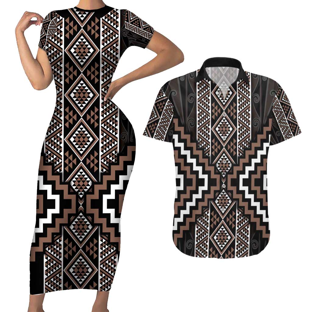 Classic Tukutuku Pattern Aotearoa Couples Matching Short Sleeve Bodycon Dress and Hawaiian Shirt Niho Taniwha and Puhoro Motifs LT7 Brown - Polynesian Pride