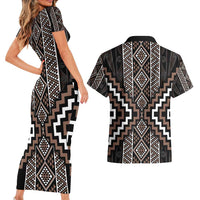 Classic Tukutuku Pattern Aotearoa Couples Matching Short Sleeve Bodycon Dress and Hawaiian Shirt Niho Taniwha and Puhoro Motifs LT7 - Polynesian Pride