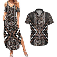 Classic Tukutuku Pattern Aotearoa Couples Matching Summer Maxi Dress and Hawaiian Shirt Niho Taniwha and Puhoro Motifs LT7 Brown - Polynesian Pride