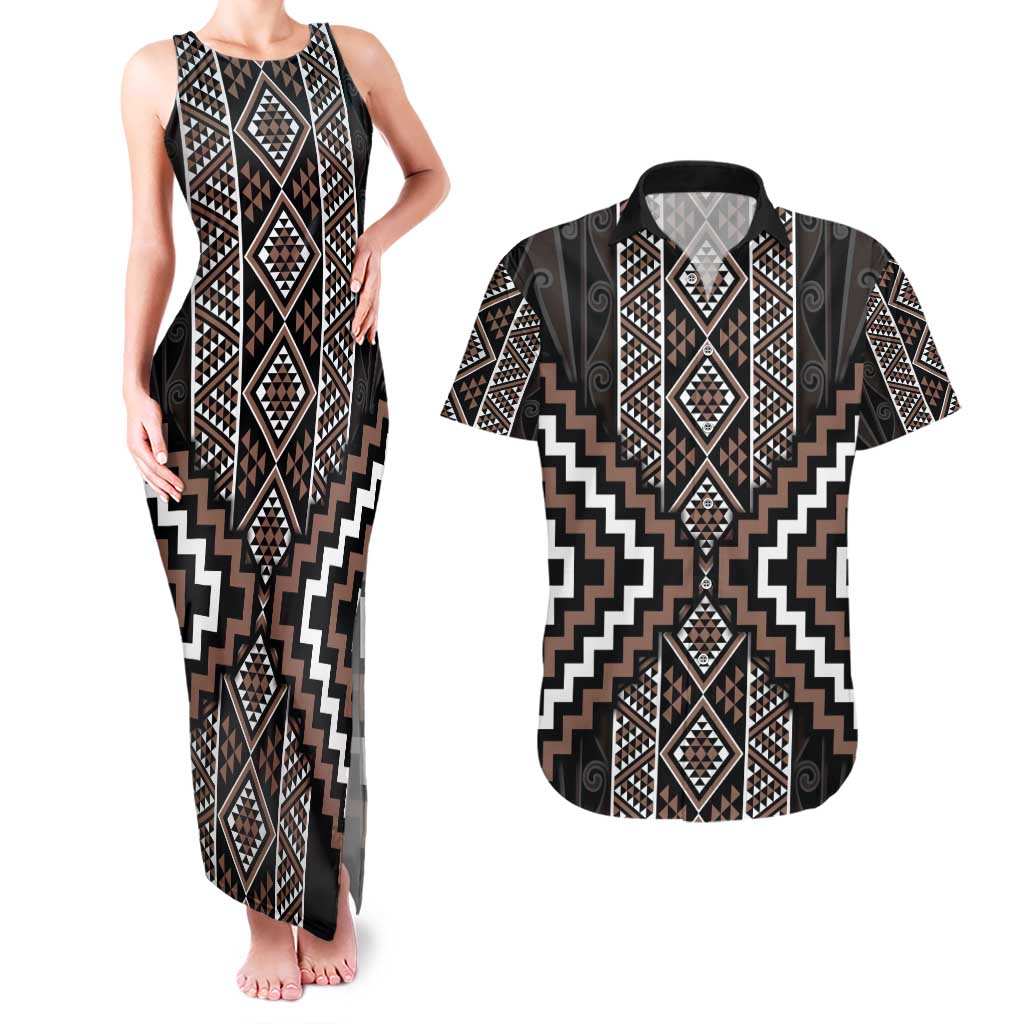 Classic Tukutuku Pattern Aotearoa Couples Matching Tank Maxi Dress and Hawaiian Shirt Niho Taniwha and Puhoro Motifs LT7 Brown - Polynesian Pride