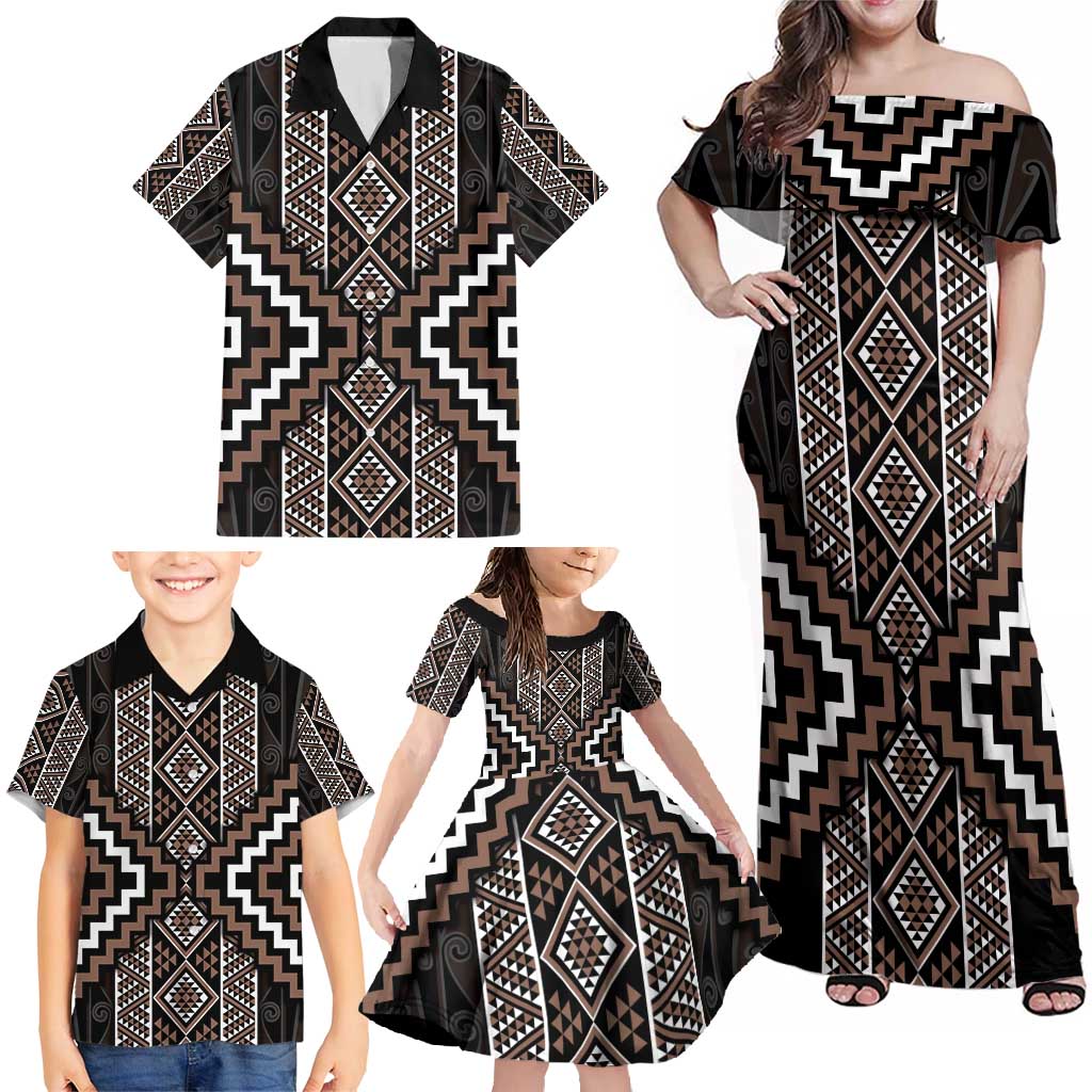 Classic Tukutuku Pattern Aotearoa Family Matching Off Shoulder Maxi Dress and Hawaiian Shirt Niho Taniwha and Puhoro Motifs LT7 - Polynesian Pride