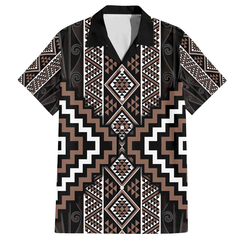 Classic Tukutuku Pattern Aotearoa Family Matching Off Shoulder Maxi Dress and Hawaiian Shirt Niho Taniwha and Puhoro Motifs LT7 Dad's Shirt - Short Sleeve Brown - Polynesian Pride