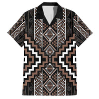Classic Tukutuku Pattern Aotearoa Family Matching Off Shoulder Maxi Dress and Hawaiian Shirt Niho Taniwha and Puhoro Motifs LT7 Dad's Shirt - Short Sleeve Brown - Polynesian Pride