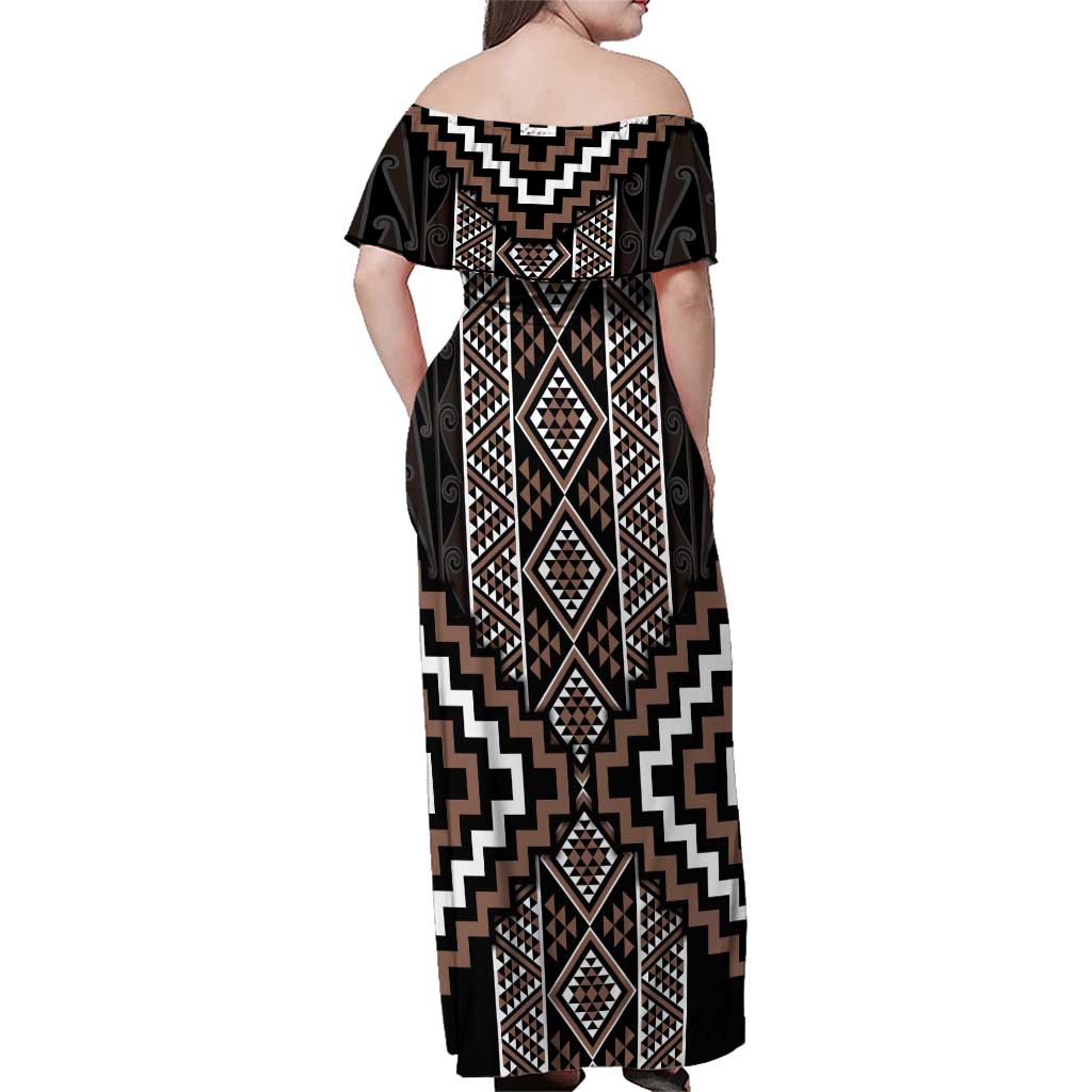Classic Tukutuku Pattern Aotearoa Family Matching Off Shoulder Maxi Dress and Hawaiian Shirt Niho Taniwha and Puhoro Motifs LT7 - Polynesian Pride