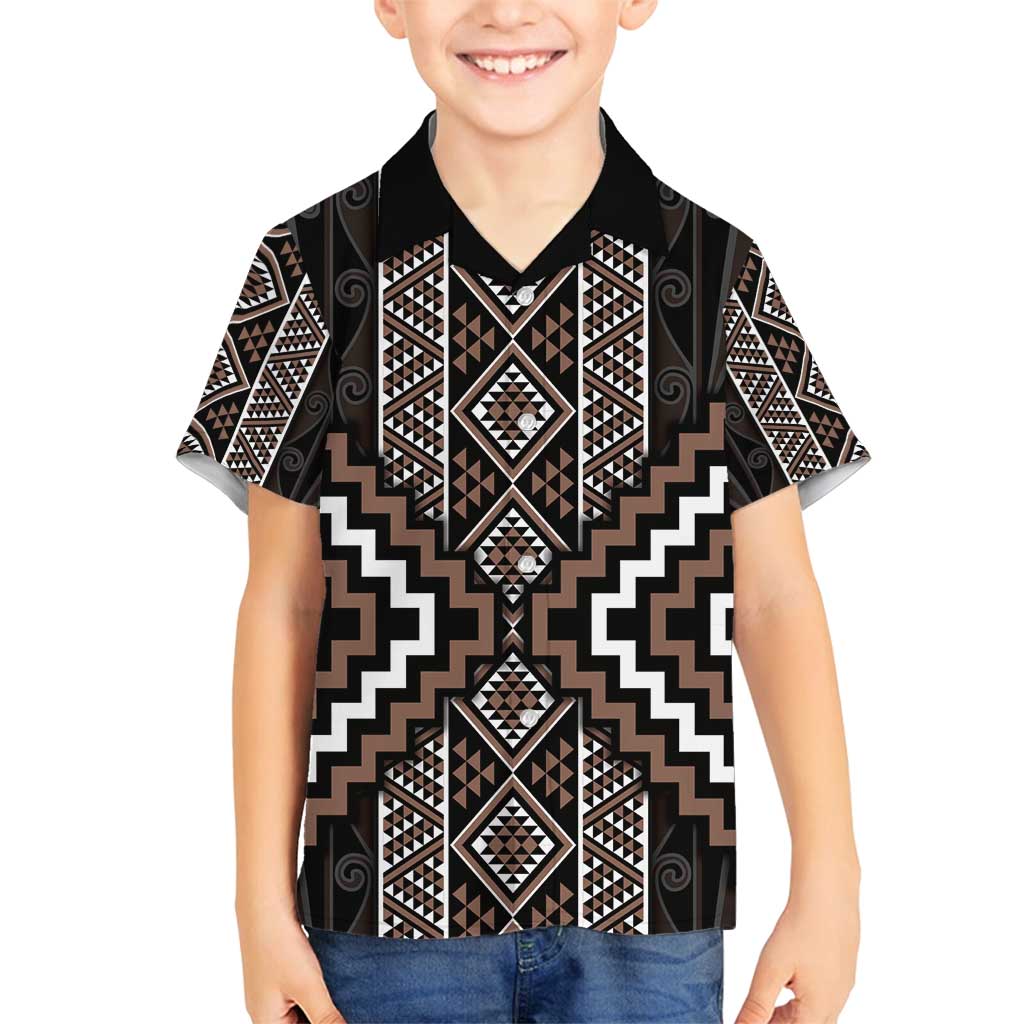 Classic Tukutuku Pattern Aotearoa Family Matching Off Shoulder Maxi Dress and Hawaiian Shirt Niho Taniwha and Puhoro Motifs LT7 Son's Shirt Brown - Polynesian Pride