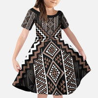 Classic Tukutuku Pattern Aotearoa Family Matching Puletasi and Hawaiian Shirt Niho Taniwha and Puhoro Motifs LT7 Daughter's Dress Brown - Polynesian Pride
