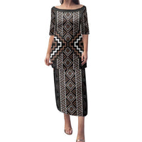 Classic Tukutuku Pattern Aotearoa Family Matching Puletasi and Hawaiian Shirt Niho Taniwha and Puhoro Motifs LT7 Mom's Dress Brown - Polynesian Pride