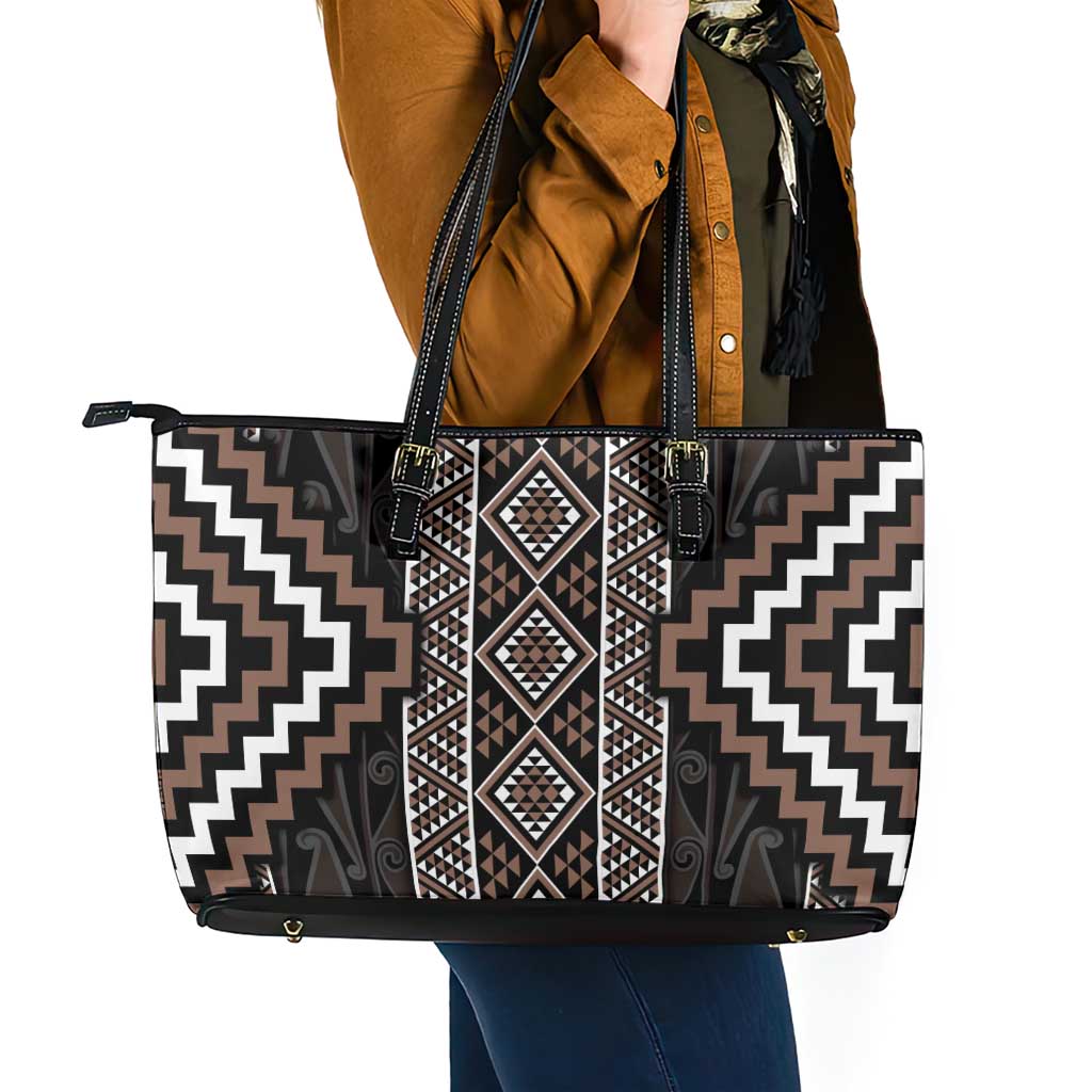 Classic Tukutuku Pattern Aotearoa Leather Tote Bag Niho Taniwha and Puhoro Motifs LT7 - Polynesian Pride