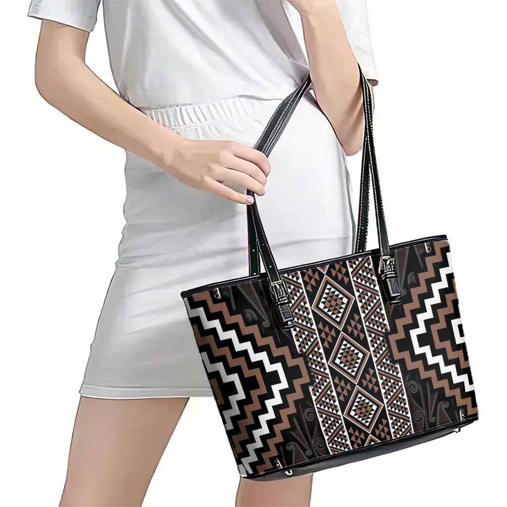 Classic Tukutuku Pattern Aotearoa Leather Tote Bag Niho Taniwha and Puhoro Motifs LT7 - Polynesian Pride