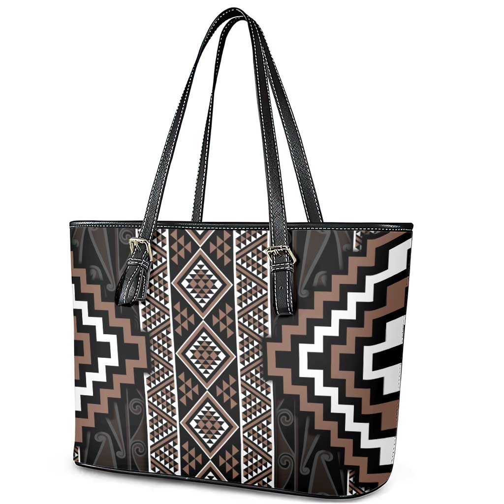 Classic Tukutuku Pattern Aotearoa Leather Tote Bag Niho Taniwha and Puhoro Motifs LT7 - Polynesian Pride