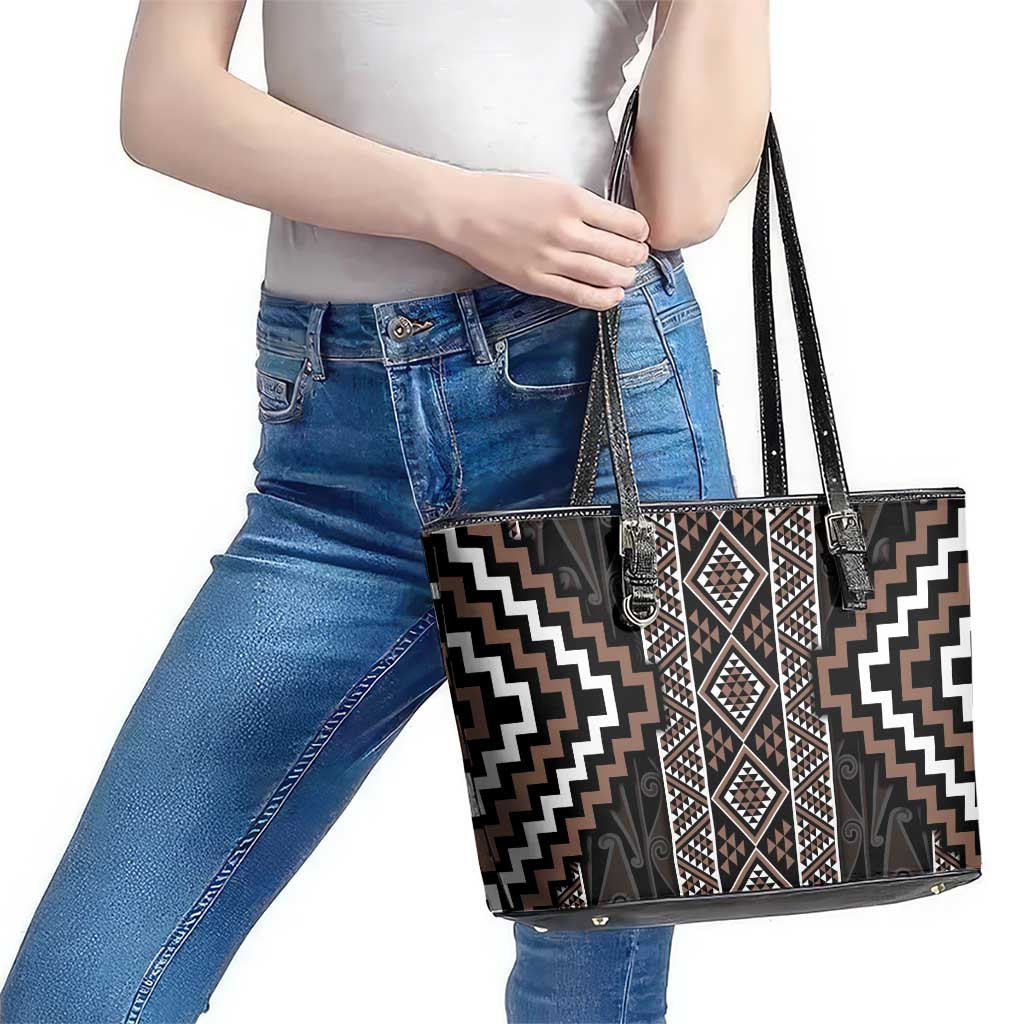 Classic Tukutuku Pattern Aotearoa Leather Tote Bag Niho Taniwha and Puhoro Motifs LT7 - Polynesian Pride
