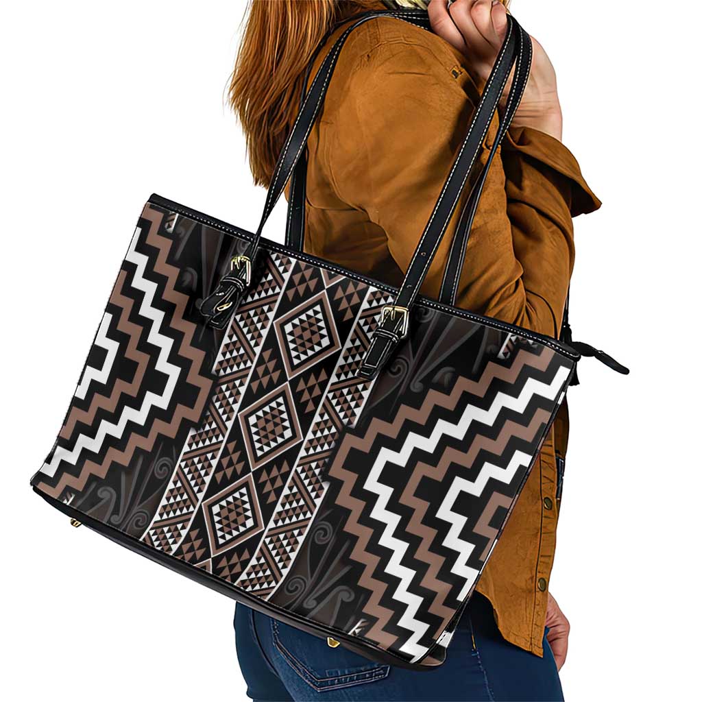 Classic Tukutuku Pattern Aotearoa Leather Tote Bag Niho Taniwha and Puhoro Motifs LT7 - Polynesian Pride