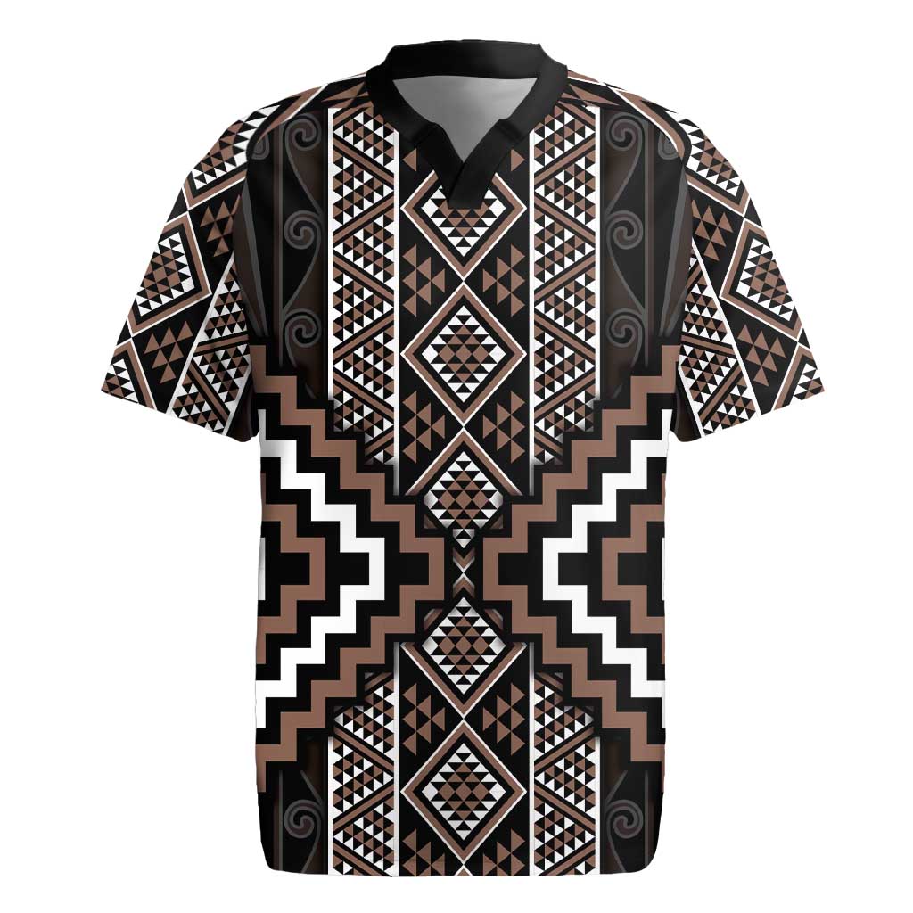 Classic Tukutuku Pattern Aotearoa Rugby Jersey Niho Taniwha and Puhoro Motifs LT7 Brown - Polynesian Pride
