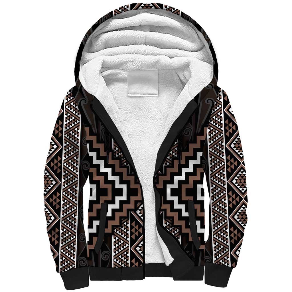 Classic Tukutuku Pattern Aotearoa Sherpa Hoodie Niho Taniwha and Puhoro Motifs