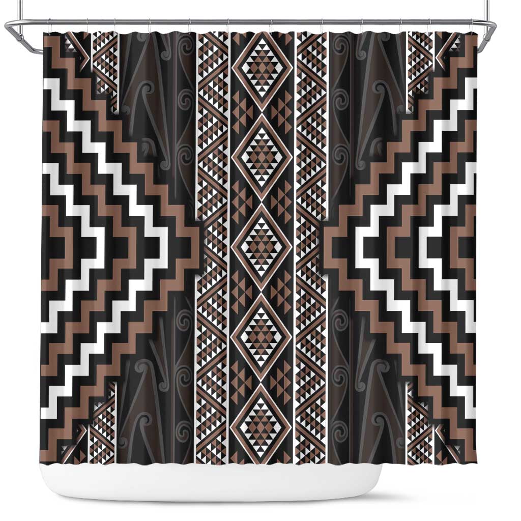 Classic Tukutuku Pattern Aotearoa Shower Curtain Niho Taniwha and Puhoro Motifs