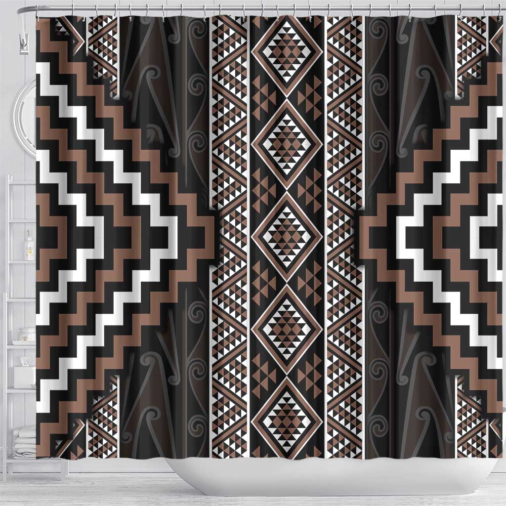 Classic Tukutuku Pattern Aotearoa Shower Curtain Niho Taniwha and Puhoro Motifs